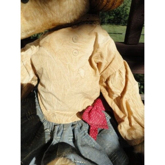 Vintage Handmade 20″ Teddy Bear Full Brim Straw Hat Flowers Denim Dress Red Bow - Picture 4 of 10